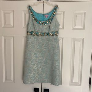 Lilly Pulitzer light blue jeweled dress with gold accents. Size 8.